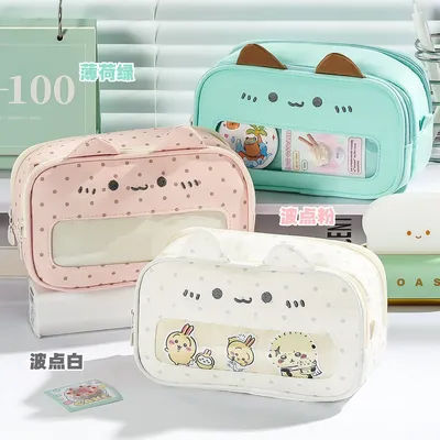 Trousse à crayons mignonne à oreilles de chat avec fenêtre transparente, grande capacité, motif à pois, pour filles, organisateur de fournitures scolaires