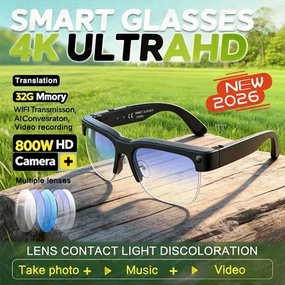 Nouvelles lunettes intelligentes IA avec caméra 800W, anti-lumière bleue, enregistrement vidéo, prise de photos, traduction, musique, appels, écouteurs, lunettes de soleil