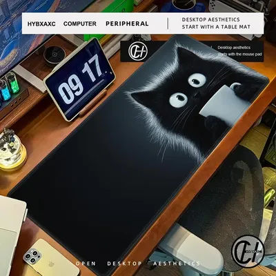 Tapis de souris amusant avec chat noir, tapis de bureau XXL pour ordinateur, tapis de bureau HYBXAXC, grand coussin Kawaii, accessoires de bureau