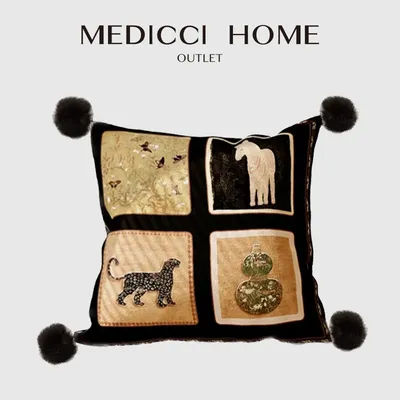 Medicci Home Modern Medieval Oriental Ornamental Cushion Cover Soft Velvet Double Sides Printed Pillow Case With Pom Pom Tassels