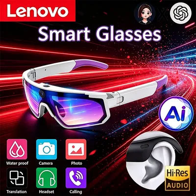 Lenovo 2026 Nouvelles lunettes intelligentes AI 8MP 1080P avec ChatGPT, anti-tremblement, pour vélo, vidéo, photo, lunettes de soleil de sport, double micro, 32 Go, coupe-vent