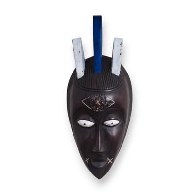 'Hand-Carved Painted African Sese Wood Wall Mask with Horns'