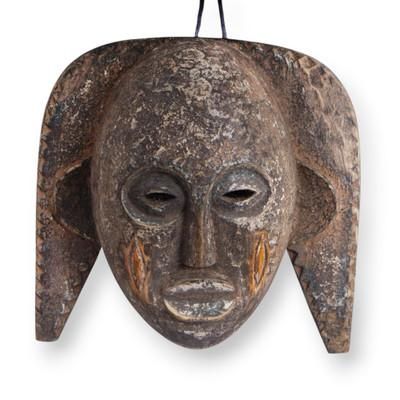 Lukwakongo,'African Sese Wood Wall Mask with Weathered White Clay Finish'