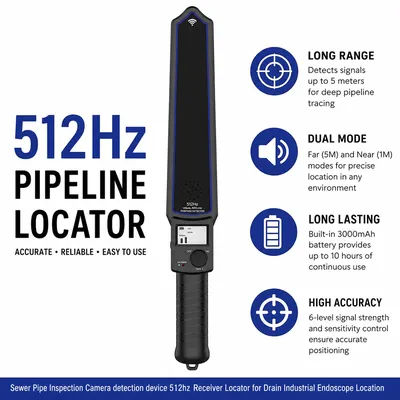 Récepteur localisateur 512Hz pour tuyaux, deux modes de détection. Batterie 3000mAh 10h d'autonomie, 6 niveaux de signal et haut-parleur pour canalisations