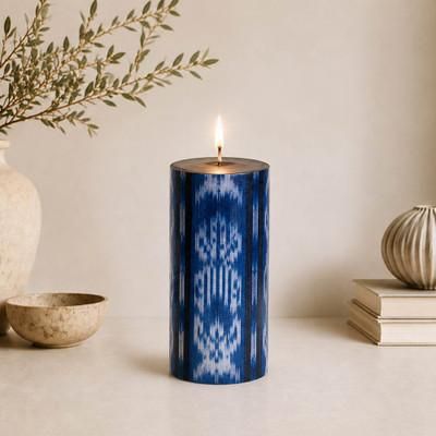 Atitlan Light,'Blue White Paraffin Pillar Candle with Mayan Atitlan Motifs'