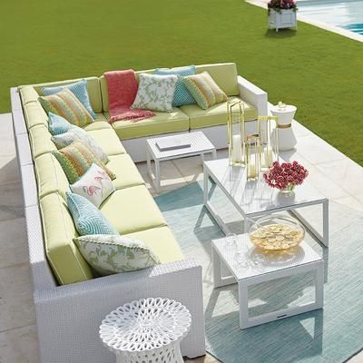 Palermo Modular Seating Collection in White Wicker - Corner Chair, Standard, Cara Stripe Cobalt - Frontgate