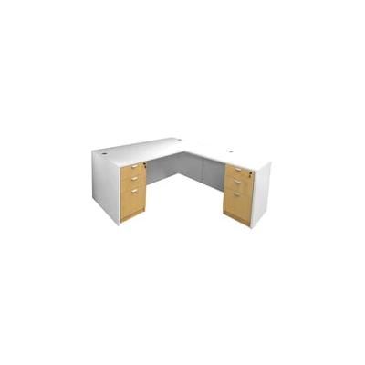 White & Woodgrain L-Shaped Rectangular Executive Desk w/6 Drawers