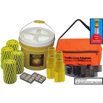 Powerflare 24-Position Cone Adapter Kit with 24-Pack Bucket of Magnetic PowerFlare Lights Green LEDs Yellow Shell CKT-BUCKET24M-G-Y