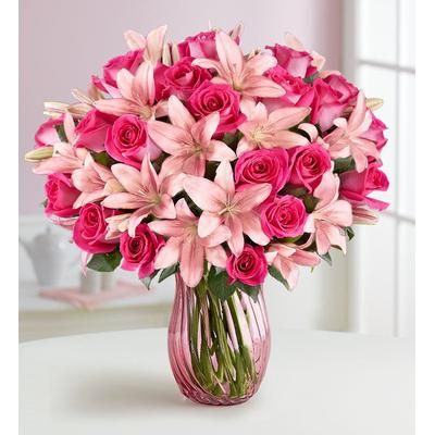 1-800-Flowers Flower Delivery Deluxe Pink Rose & Lily Bouquet W/ Pink Vase | Happiness Delivered To Their Door