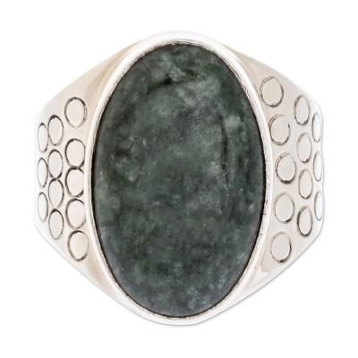 'Verdant Night' - Men's Modern Sterling Silver Single Stone Jade Ring