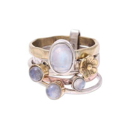Mixed Metals Floral Rainbow Moonstone Ring from India 'Rain Flowers'