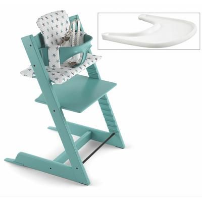Tripp Trapp High Chair and Cushion with Stokke Tray -- Aqua Blue/Aqua Star