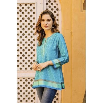Flowers of the Sea,'Embroidery Trim Tunic in Azure and Aqua from India'