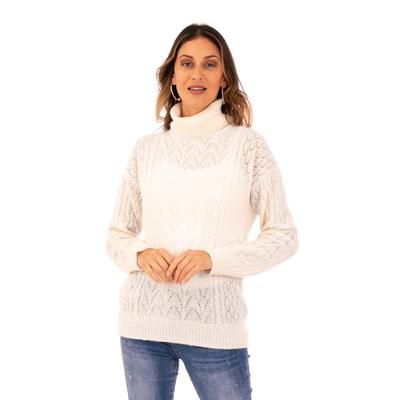 Warm Sweetness,'Cable Knit Turtle Neck Baby Alpaca Blend Pullover from Peru'