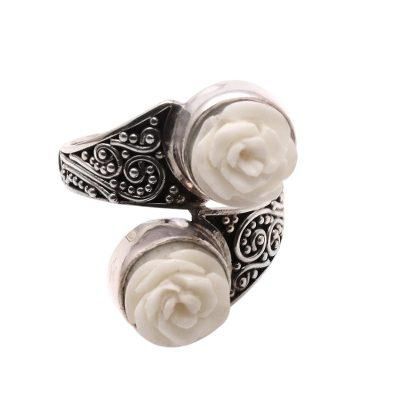 'Rose-Shaped Sterling Silver and Bone Cocktail Ring from Java'