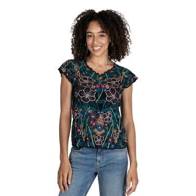 Lovely Garden,'Floral Embroidered Rayon Blouse from Bali'