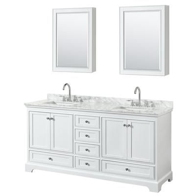 72 inch Double Bathroom Vanity in White, White Carrara Marble Countertop, Undermount Square Sinks, and Medicine Cabinets - Wyndham WCS202072DWHCMUNSMED