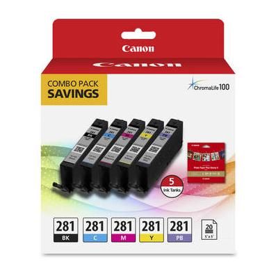 Canon CLI-281 5-Color Ink Tank Combo Pack with 5 x 5" Photo Paper 2091C006