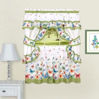 Wide Width Butterflies Printed Cottage Window Curtain Set by Achim Home Décor in Green (Size 57" W 24" L)