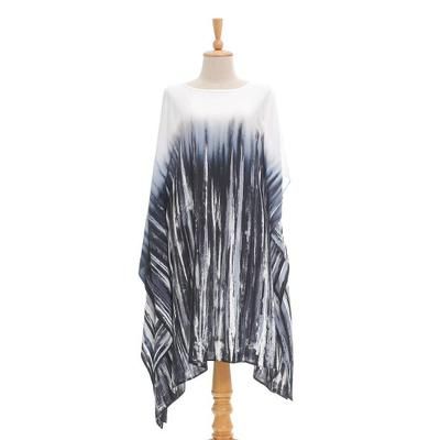 Black Rain,'Hand Painted Black and White Batik Caftan Dress'