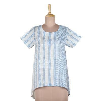 Waves of Blue,'Block Printed White Cotton Top with Light Blue Stripe Detail'