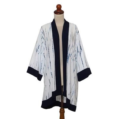 Tropical Rain,'White and Indigo Blue Rayon Kimono from Bali'