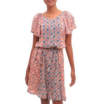 'Chili and Azure Printed Rayon A-Line Dress from Bali'