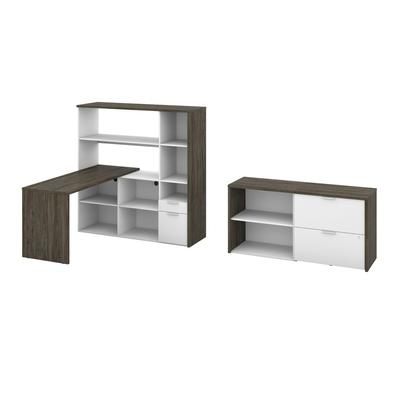 Gemma 3-Piece Set Including One L-Shaped Desk with Hutch, One Storage Unit, and One Lateral File Cabinet in walnut grey & white - Bestar 107852-000035