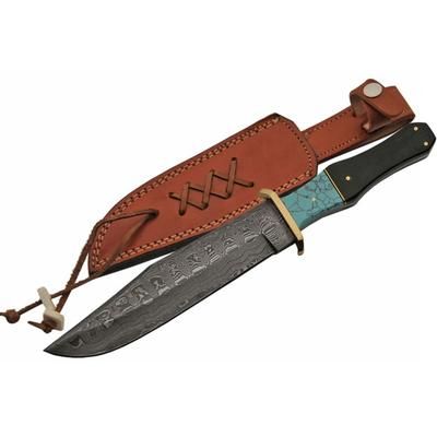 Damascus Bowie Knife 12.25in Overall 7.25in Damascus Steel Clip Point Blade Brass Guard Horn And Turquoise Handle Brown Leather Sheath DM-1149