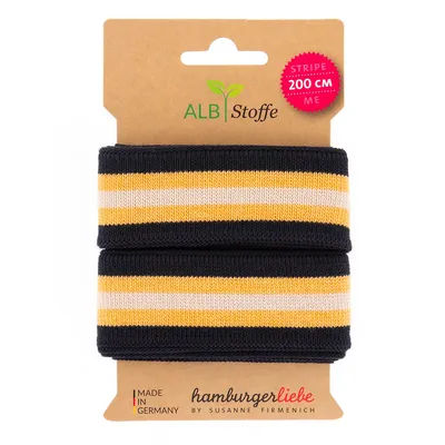 Albstoffe by buttinette Bande bord-côte en coton bio "Stripe Me", bleu marine/ocre/écru, 2 m