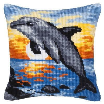 Devant de coussin "dauphin au coucher du soleil" à broder au point de croix