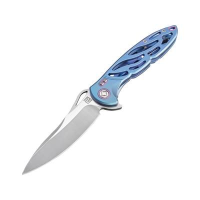 Artisan Cutlery Hoverwing Framelock Folding Knife 5in Closed 3.75in Satin S35Vn SS Blade Blue Titanium Handle Thumb Pull Pocket Clip Black Nylon