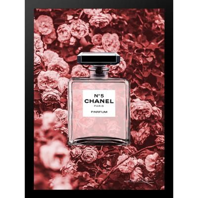 Chanel Bottle Floral Wallpaper Dark Pink 14" x 18" Framed Print by Venice Beach Collections Inc in Red Black