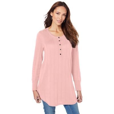 Plus Size Women's Fine Gauge Drop Needle Henley Sweater by Roaman's in Soft Blush (Size 1X)