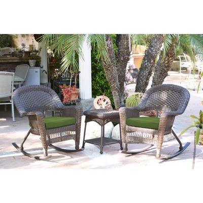 3Pc Espresso Rocker Wicker Chair Set With Hunter Green Cushion- Jeco Wholesale W00201R-A_2-RCES034