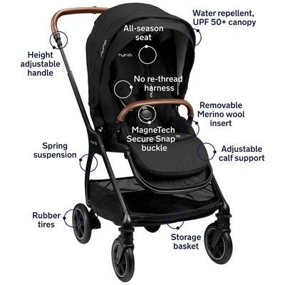 Nuna Triv Compact Stroller with Magnetic Buckle + Triv Bassinet - Caviar