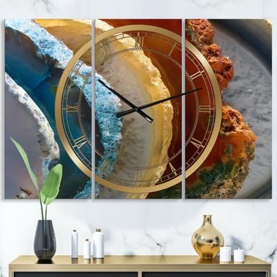 Mineral Slice Xv Large Fashion Multipanel Wall Clock by Designart in Blue