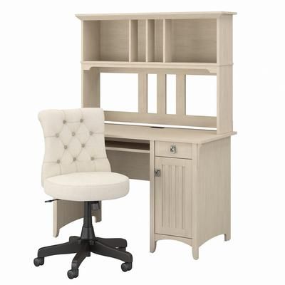 Bush Furniture Salinas 48W Computer Desk with Hutch and Mid Back Tufted Office Chair in Antique White - SAL012AW