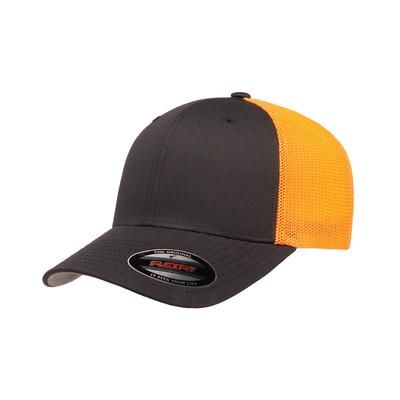 Flexfit 6511 Adult 6-Panel Trucker Cap in Charcoal /Neon Orng FF6511, 6511MC, 6511W, 6511T