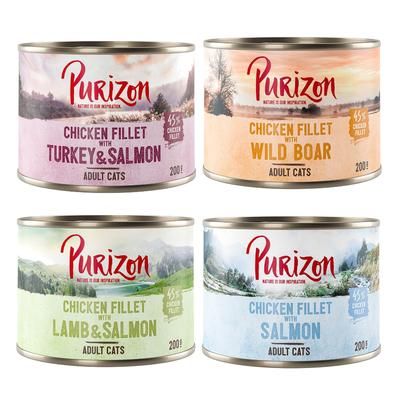 Purizon Adult 24 x 200 g - senza cereali - Mix: 12x Salmone, 4x Cinghiale, 4x Agnello & Salmone, 4x Salmone & Tacchino