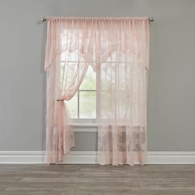 Wide Width Ella Floral Lace Panel with Attached Valance by BrylaneHome in Blush (Size 58" W 63" L) Window Curtain
