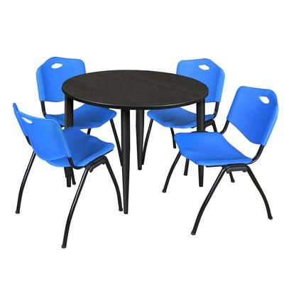 Regency Kahlo 48 in. Round Breakroom Table- Ash Grey Top, Black Base & 4 M Stack Chairs- Blue - Regency TPL48RNDAGBK47BE