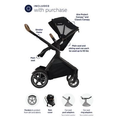 Nuna DEMI Grow Single-to-Double Stroller with Aire Protect Canopy + Classic Canopy - Caviar