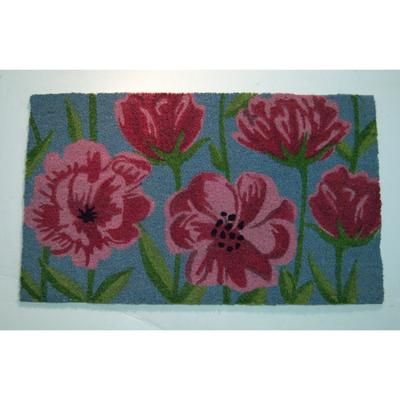 Pink Floral With Green Leaves Coir Mat With Vinyl Backing Floor Coverings by Nature Mats by Geo in Multi