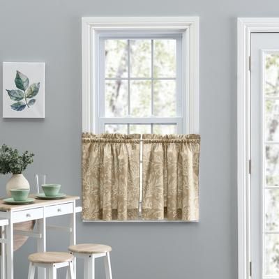 Wide Width Lexington Leaf- Candlewick Leaf Pattern On A Colored Ground- Tailored Tier by Ellis Curtains in Tan (Size 56" W 36" L)