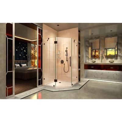 Dreamline DreamLine Prism Lux 42 inch D x 42 inch W x 74 3/4 inch H Frameless Neo-Angle Hinged Shower Enclosure in Oil Rubbed Bronze with Biscuit Shower Base Kit DL-6053-22-06