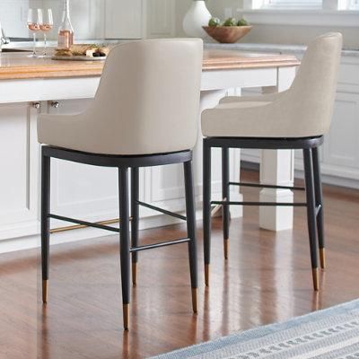 Lyndon Low Back Swivel Bar & Counter Stool - Bar Height (29-1/4"H Seat), Black Metal, Leather, Black Metal/Marbled Dove Gray/Bar Height - Grandin Road