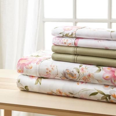 6-pc Traditional Floral Sheet Set by BrylaneHome in Pink Green Floral (Size KING)