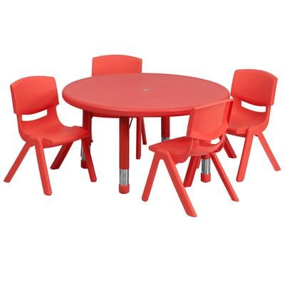 Flash Furniture YU-YCX-0073-2-ROUND-TBL-RED-E-GG 33" Round Preschool Activity Table & 4 Chair Set - Plastic Top, Red
