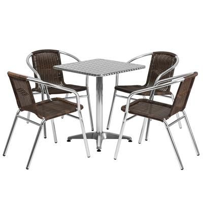 Flash Furniture TLH-ALUM-24SQ-020CHR4-GG 23 1/2" Square Patio Table & 4 Brown Rattan Arm Chair Set - Stainless Steel Top, Aluminum Base
